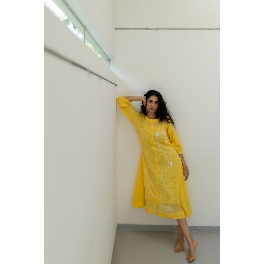Silai Studio Yellow Crinkled Cotton Midi Dress with Slip (Set of 2)