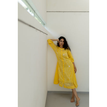 Silai Studio Yellow Crinkled Cotton Midi Dress with Slip (Set of 2)