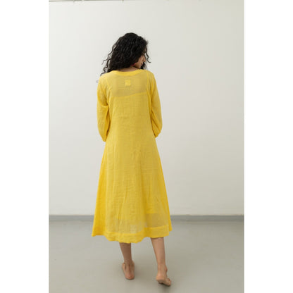 Silai Studio Yellow Crinkled Cotton Midi Dress with Slip (Set of 2)
