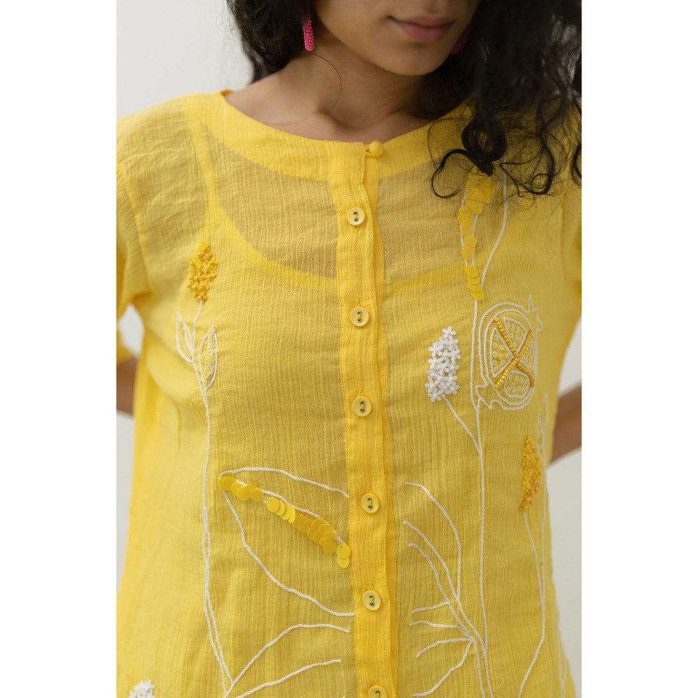 Silai Studio Yellow Crinkled Cotton Midi Dress with Slip (Set of 2)