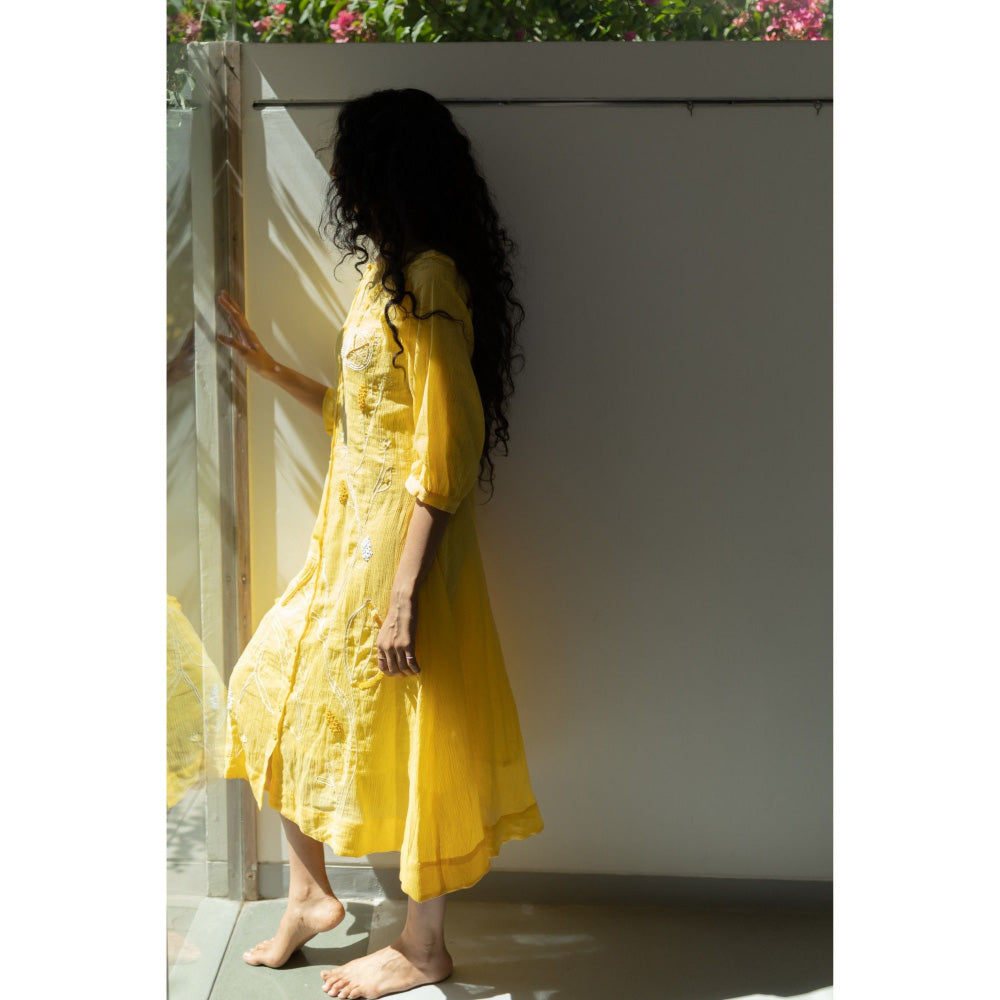 Silai Studio Yellow Crinkled Cotton Midi Dress with Slip (Set of 2)