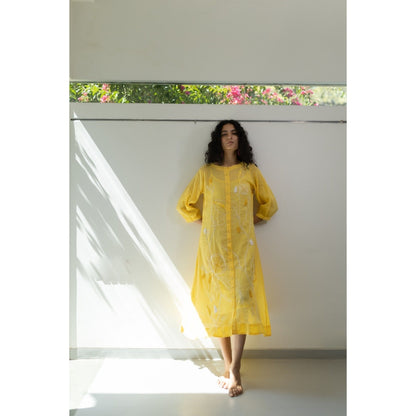 Silai Studio Yellow Crinkled Cotton Midi Dress with Slip (Set of 2)