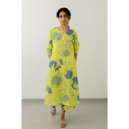 Silai Studio Yellow Grey Pomegranate Print Kurta and Pants (Set of 2)