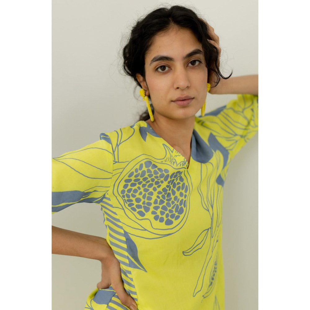 Silai Studio Yellow Grey Pomegranate Print Kurta and Pants (Set of 2)