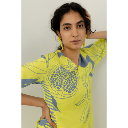 Silai Studio Yellow Grey Pomegranate Print Kurta and Pants (Set of 2)