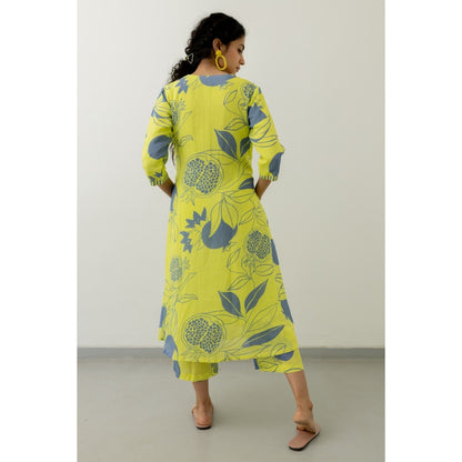 Silai Studio Yellow Grey Pomegranate Print Kurta and Pants (Set of 2)