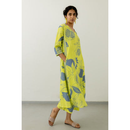 Silai Studio Yellow Grey Pomegranate Print Kurta and Pants (Set of 2)