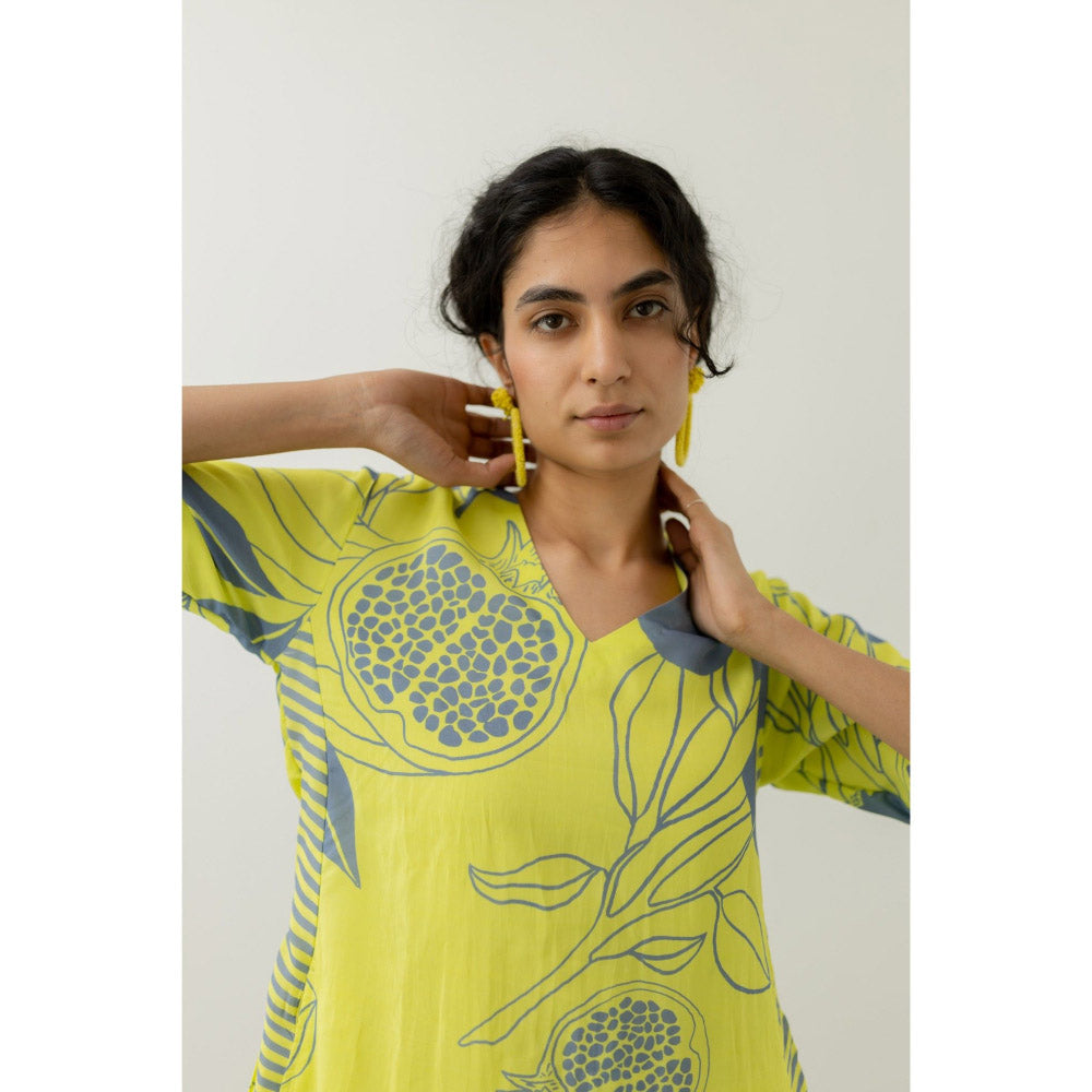 Silai Studio Yellow Grey Pomegranate Print Kurta and Pants (Set of 2)