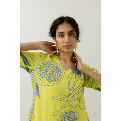 Silai Studio Yellow Grey Pomegranate Print Kurta and Pants (Set of 2)