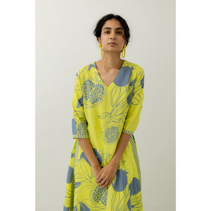 Silai Studio Yellow Grey Pomegranate Print Kurta and Pants (Set of 2)