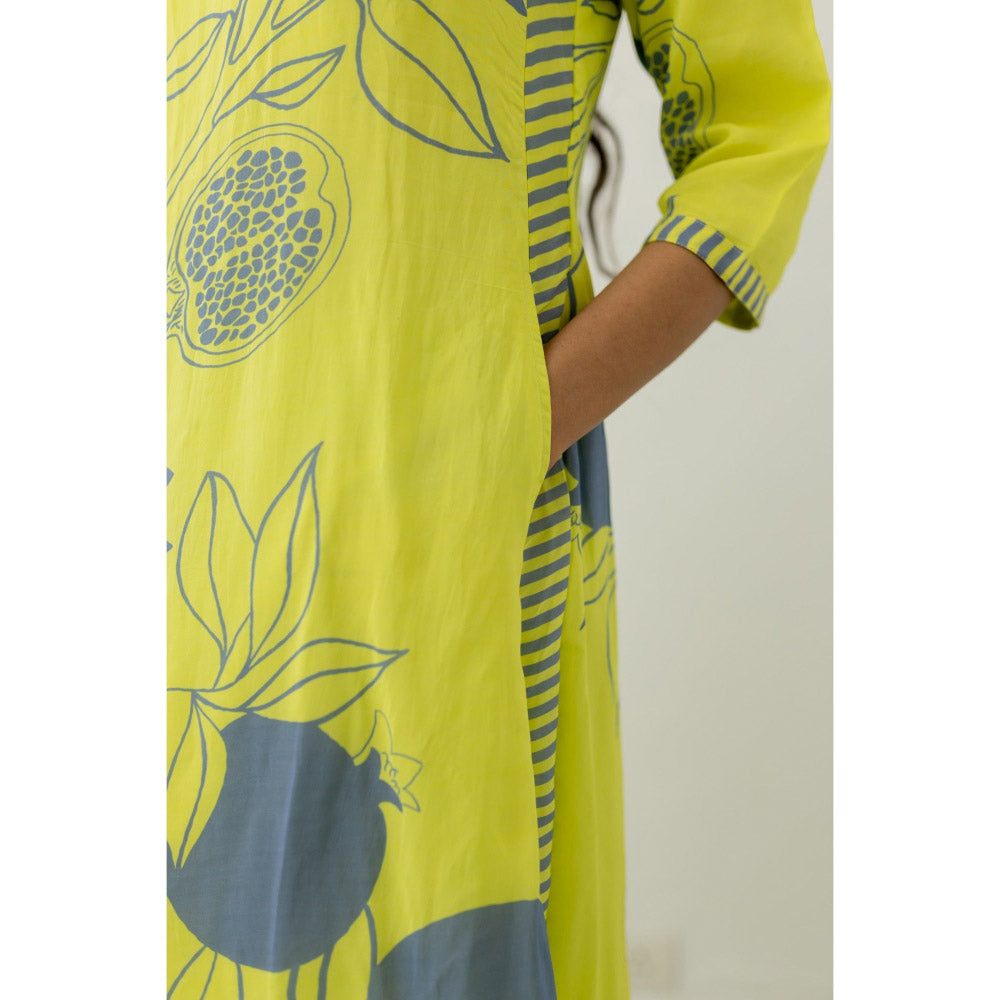 Silai Studio Yellow Grey Pomegranate Print Kurta and Pants (Set of 2)