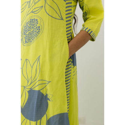 Silai Studio Yellow Grey Pomegranate Print Kurta and Pants (Set of 2)