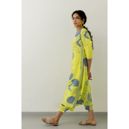 Silai Studio Yellow Grey Pomegranate Print Kurta and Pants (Set of 2)