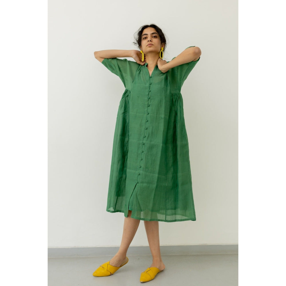 Silai Studio Bottle Green Chanderi Midi Dress with Slip (Set of 2)