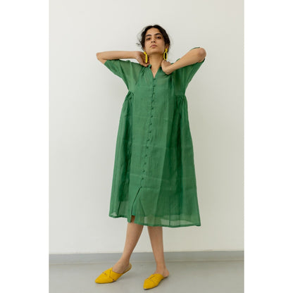 Silai Studio Bottle Green Chanderi Midi Dress with Slip (Set of 2)