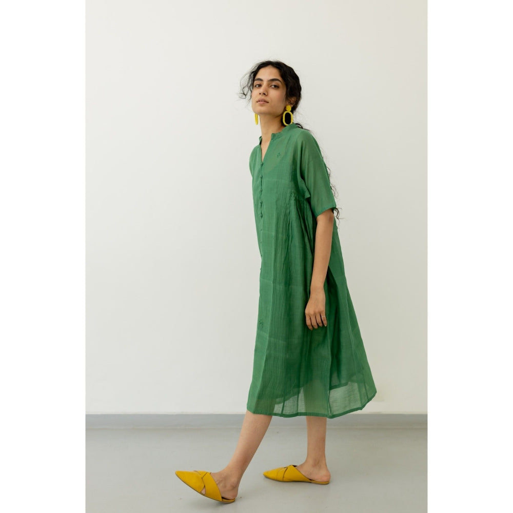 Silai Studio Bottle Green Chanderi Midi Dress with Slip (Set of 2)