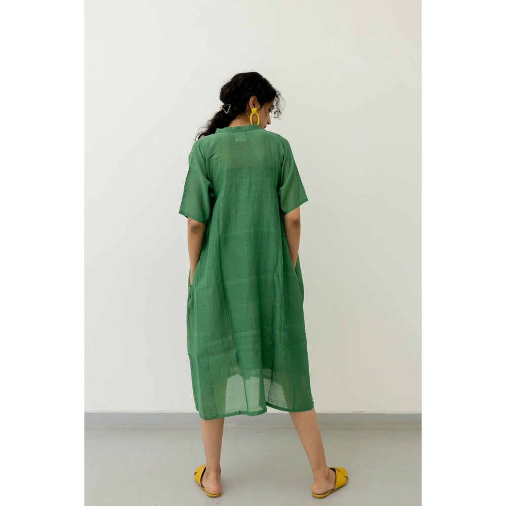 Silai Studio Bottle Green Chanderi Midi Dress with Slip (Set of 2)