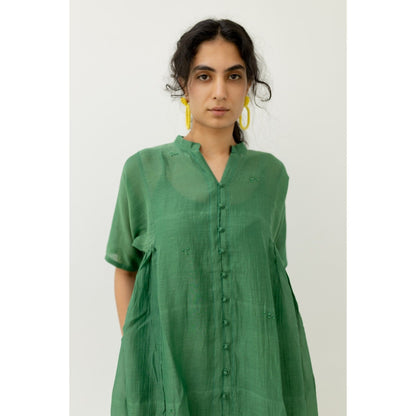 Silai Studio Bottle Green Chanderi Midi Dress with Slip (Set of 2)