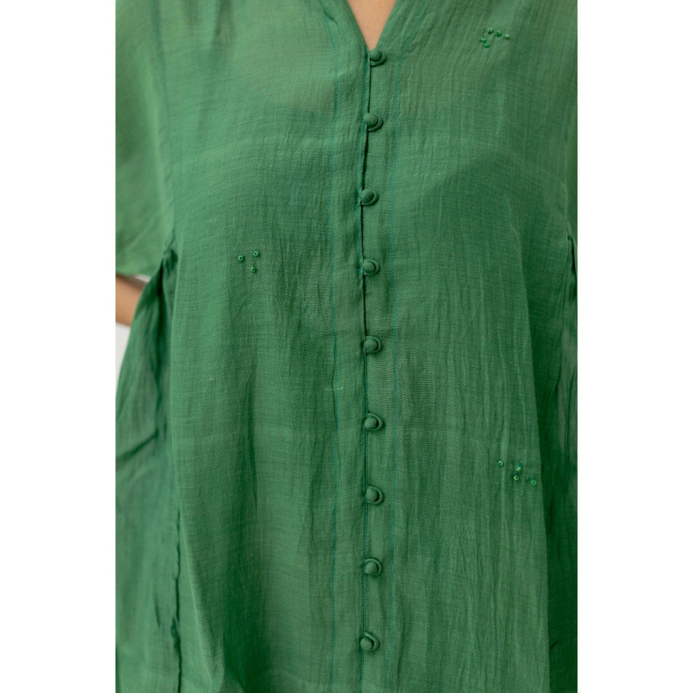 Silai Studio Bottle Green Chanderi Midi Dress with Slip (Set of 2)