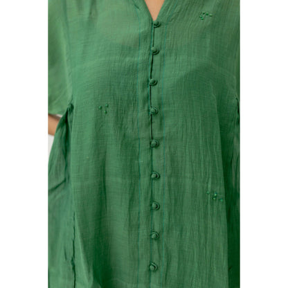 Silai Studio Bottle Green Chanderi Midi Dress with Slip (Set of 2)