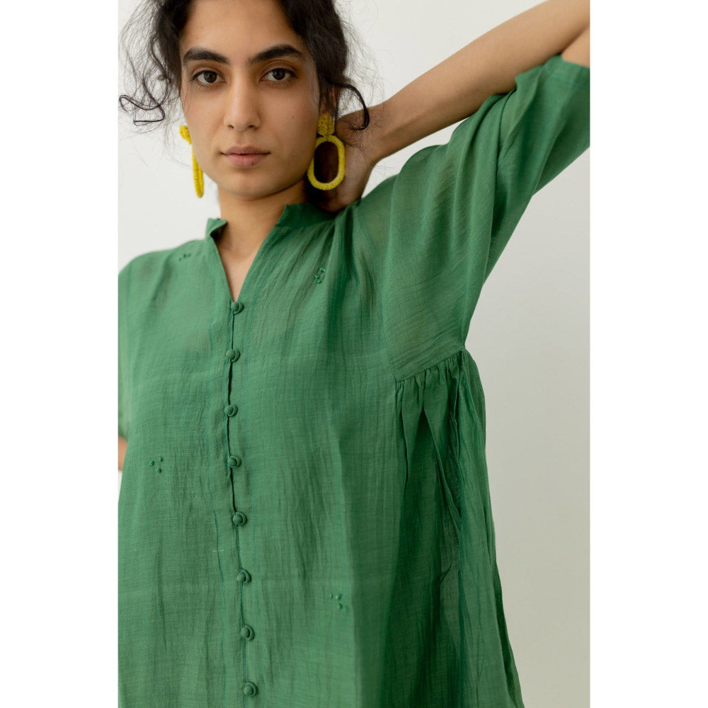Silai Studio Bottle Green Chanderi Midi Dress with Slip (Set of 2)