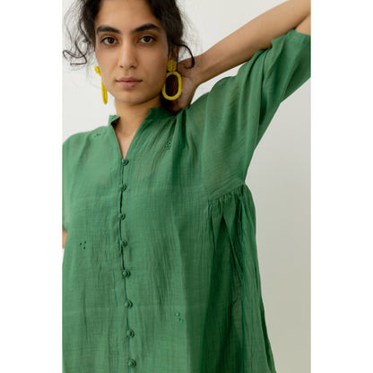 Silai Studio Bottle Green Chanderi Midi Dress with Slip (Set of 2)