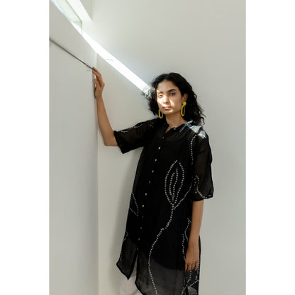 Silai Studio Black Bandhani Kurta with Slip and Pants (Set of 3)