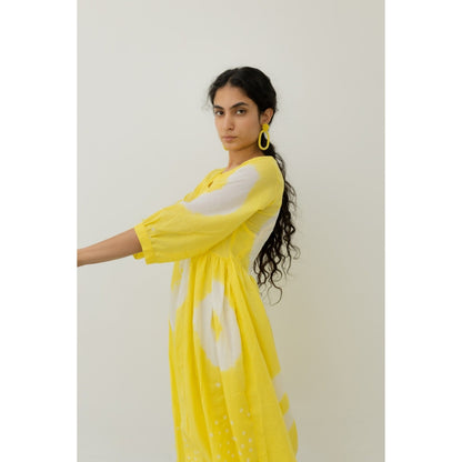 Silai Studio Lemon Yellow Bandhani Maxi Dress with Slip (Set of 2)
