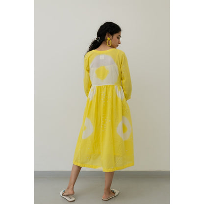 Silai Studio Lemon Yellow Bandhani Maxi Dress with Slip (Set of 2)