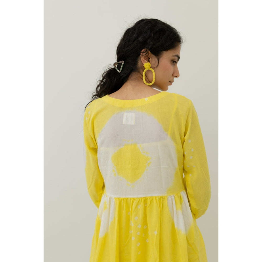 Silai Studio Lemon Yellow Bandhani Maxi Dress with Slip (Set of 2)