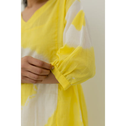 Silai Studio Lemon Yellow Bandhani Maxi Dress with Slip (Set of 2)