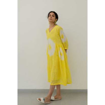 Silai Studio Lemon Yellow Bandhani Maxi Dress with Slip (Set of 2)