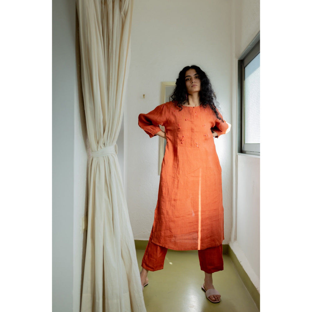 Silai Studio Ginger Rust Linen Kurta and Pants (Set of 2)