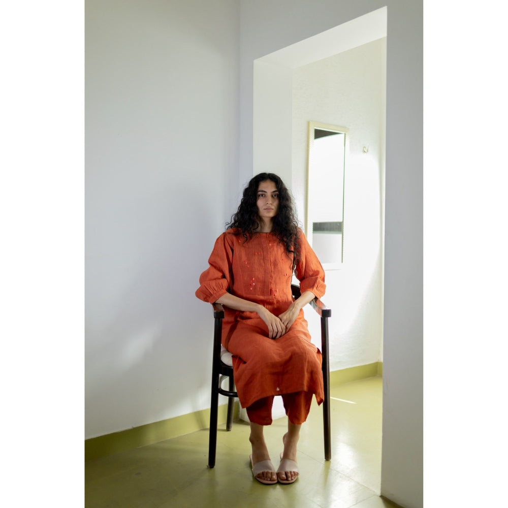 Silai Studio Ginger Rust Linen Kurta and Pants (Set of 2)
