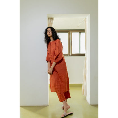 Silai Studio Ginger Rust Linen Kurta and Pants (Set of 2)