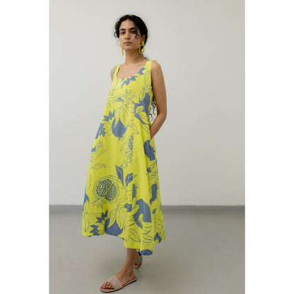 Silai Studio Yellow Grey Pomegranate Print Maxi Dress