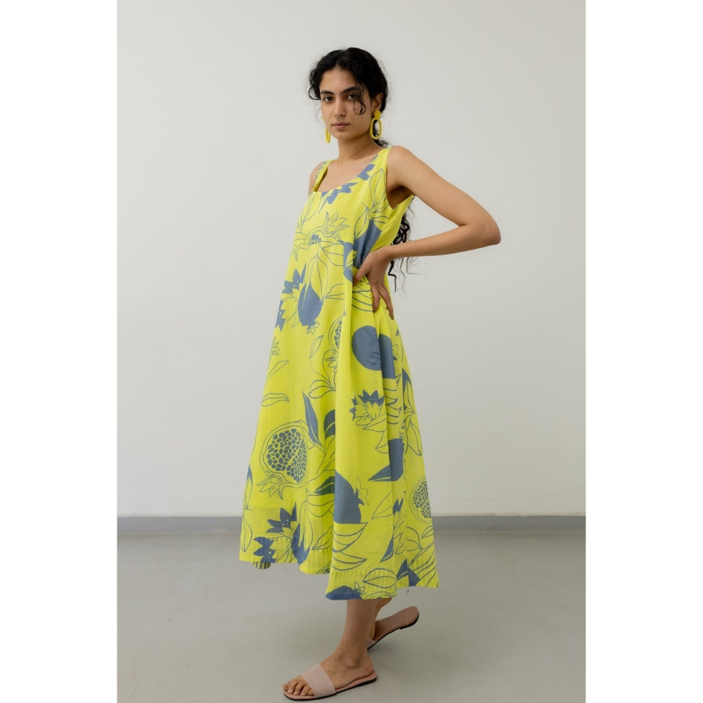 Silai Studio Yellow Grey Pomegranate Print Maxi Dress