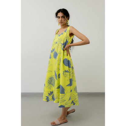 Silai Studio Yellow Grey Pomegranate Print Maxi Dress
