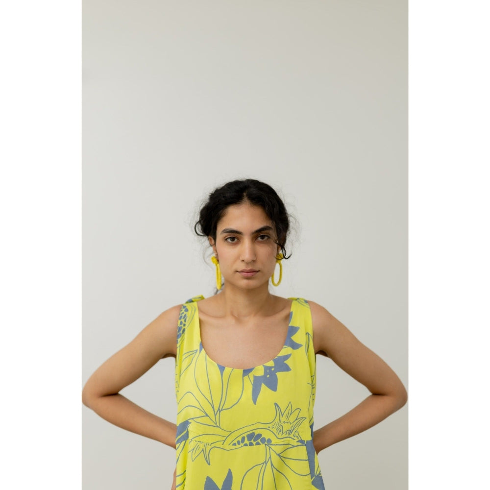 Silai Studio Yellow Grey Pomegranate Print Maxi Dress