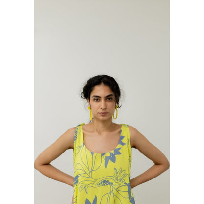 Silai Studio Yellow Grey Pomegranate Print Maxi Dress