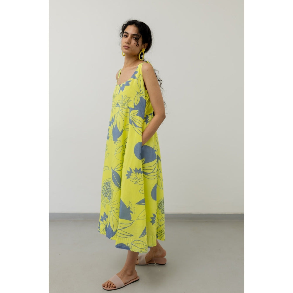 Silai Studio Yellow Grey Pomegranate Print Maxi Dress
