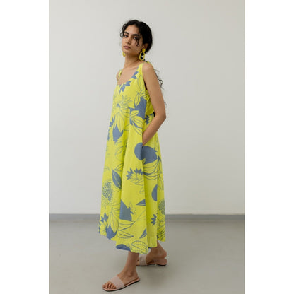 Silai Studio Yellow Grey Pomegranate Print Maxi Dress