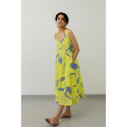Silai Studio Yellow Grey Pomegranate Print Maxi Dress