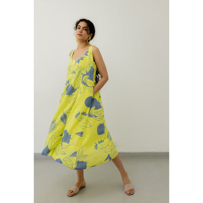 Silai Studio Yellow Grey Pomegranate Print Maxi Dress
