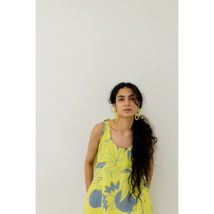Silai Studio Yellow Grey Pomegranate Print Maxi Dress