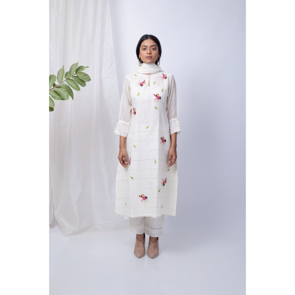 Silai Studio Sufiyan White Kurta Pants with Dupatta (Set of 3)
