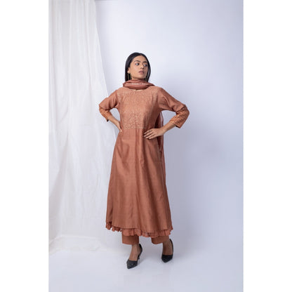 Silai Studio Cinnamon Brown Kurta Pants with Dupatta (Set of 3)