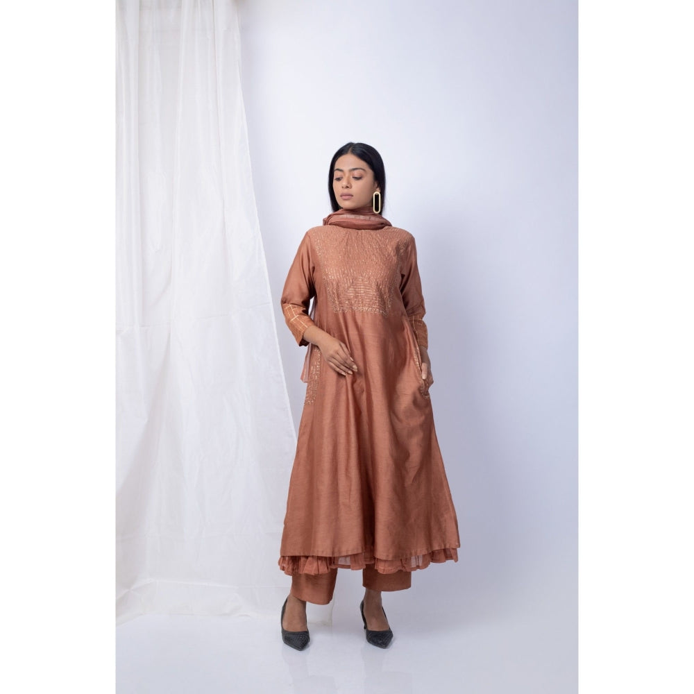 Silai Studio Cinnamon Brown Kurta Pants with Dupatta (Set of 3)
