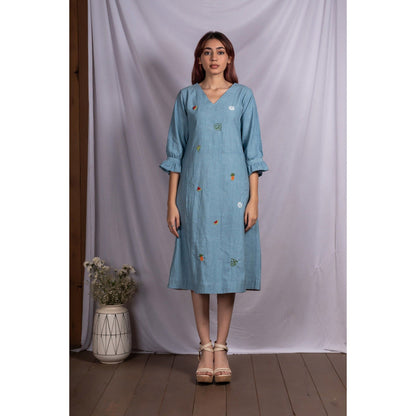 Silai Studio Blue Tropical Elements Midi Dress