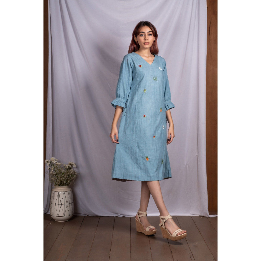 Silai Studio Blue Tropical Elements Midi Dress